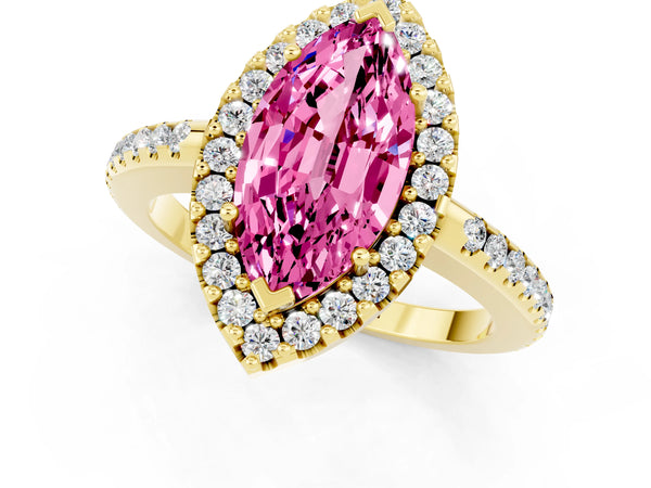 Yellow gold Marquise Cut Pink Sapphire Pavé Halo Ring with Four-Prong Setting