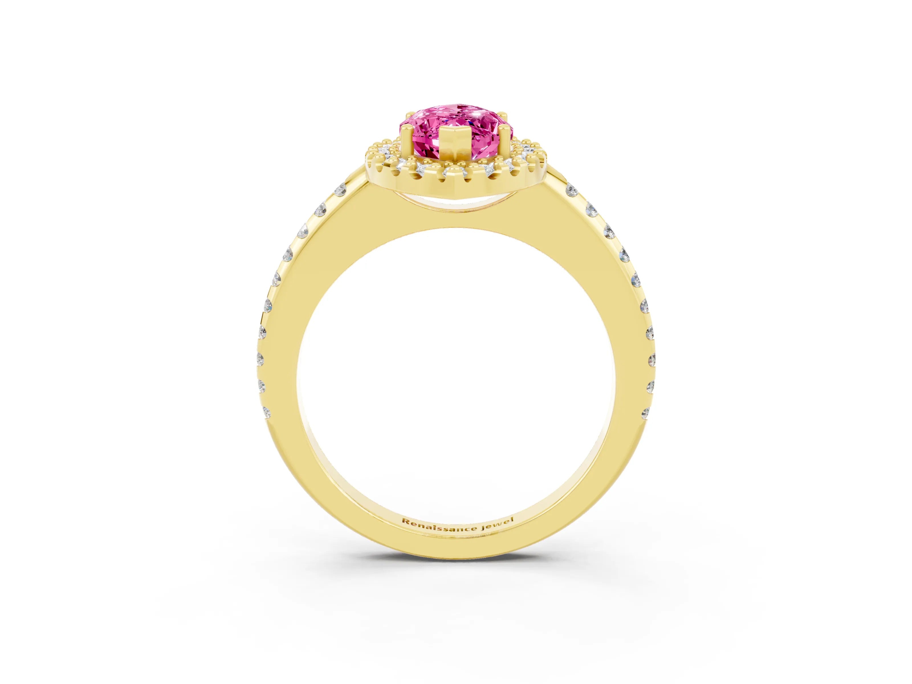 Yellow gold Marquise Cut Pink Sapphire Pavé Halo Ring with Four-Prong Setting_15