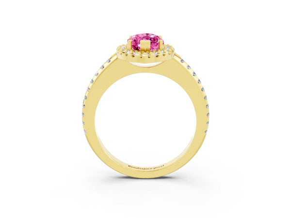 Yellow gold Marquise Cut Pink Sapphire Pavé Halo Ring with Four-Prong Setting