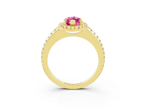 Yellow gold Marquise Cut Pink Sapphire Pavé Halo Ring with Four-Prong Setting_15