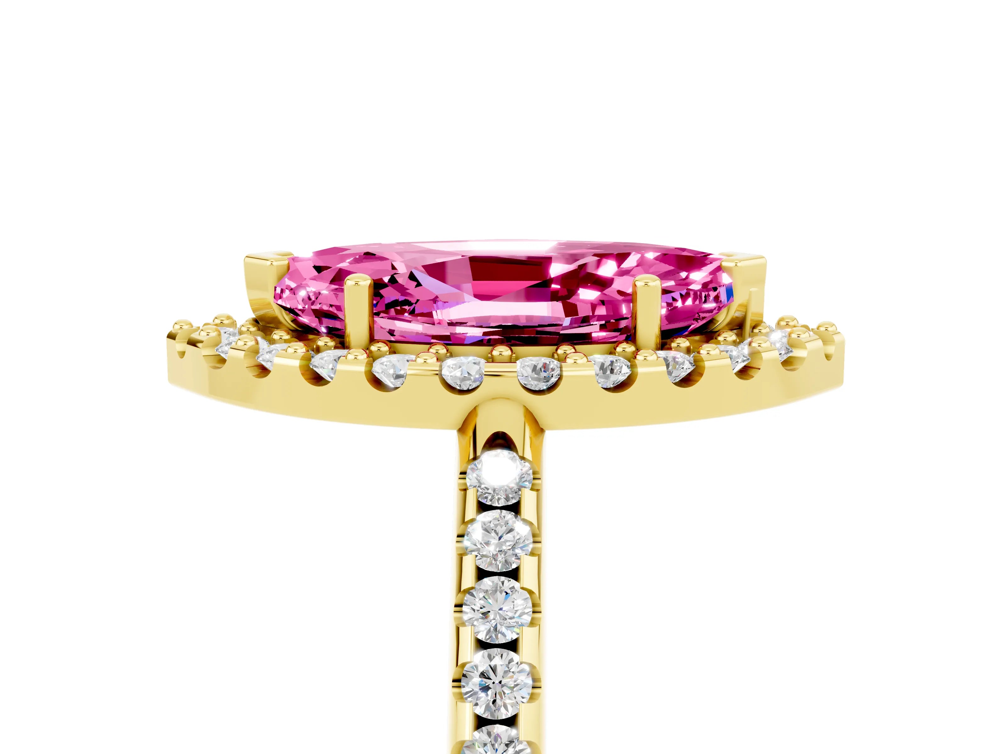 Yellow gold Marquise Cut Pink Sapphire Pavé Halo Ring with Four-Prong Setting_17