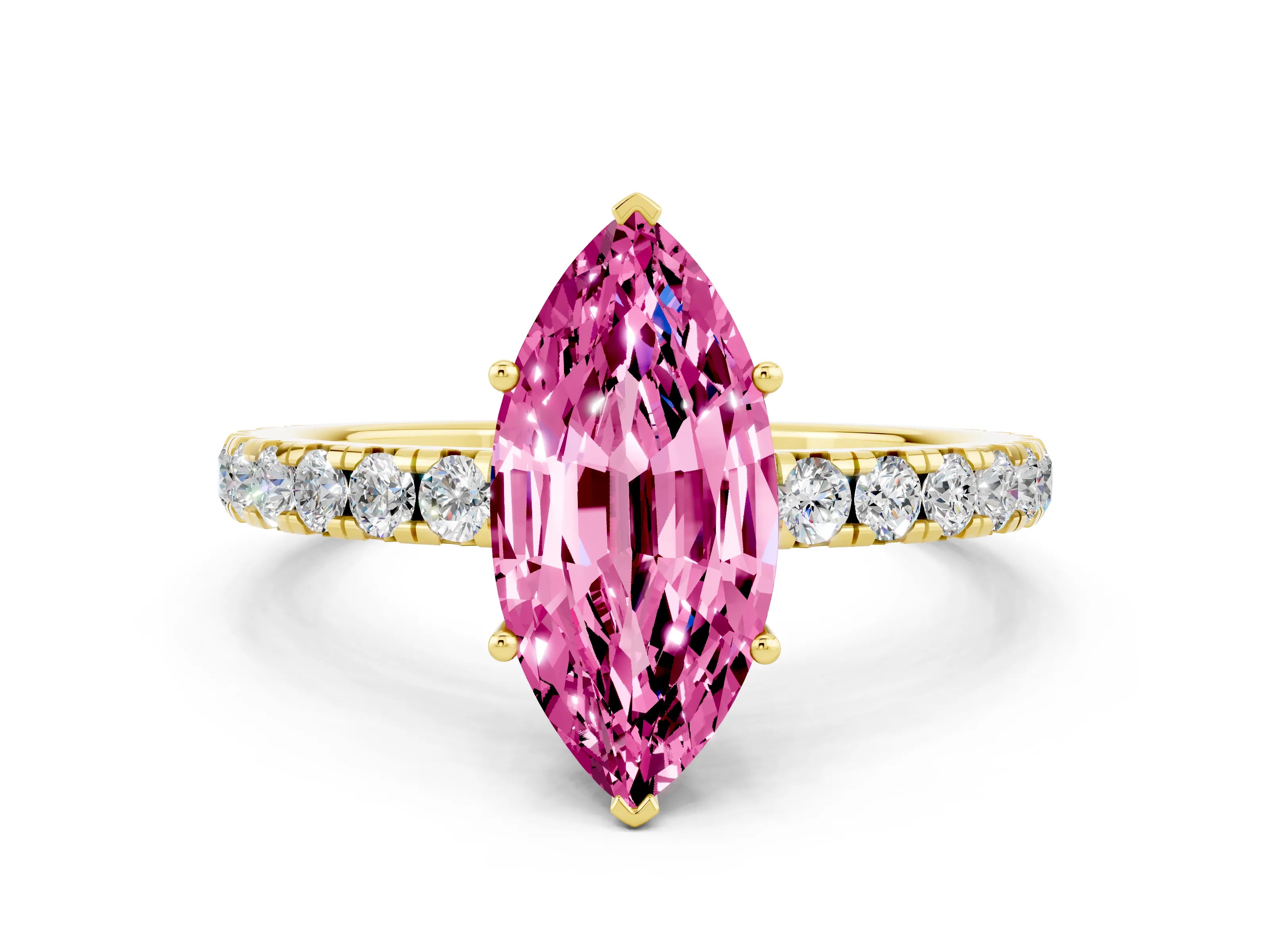Yellow gold Marquise Cut Pink Sapphire Pavé Solitaire Engagement Ring with Four-Prong Setting_12