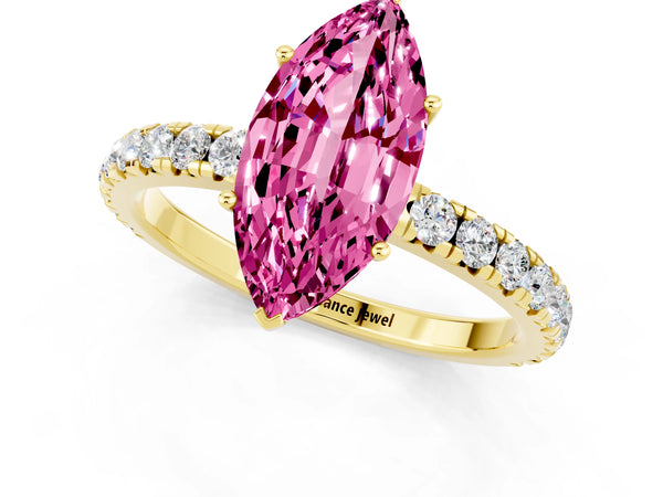 Yellow gold Marquise Cut Pink Sapphire Pavé Solitaire Engagement Ring with Four-Prong Setting