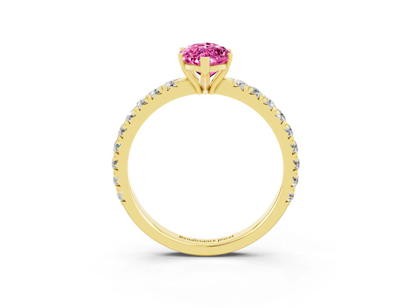 Yellow gold Marquise Cut Pink Sapphire Pavé Solitaire Engagement Ring with Four-Prong Setting