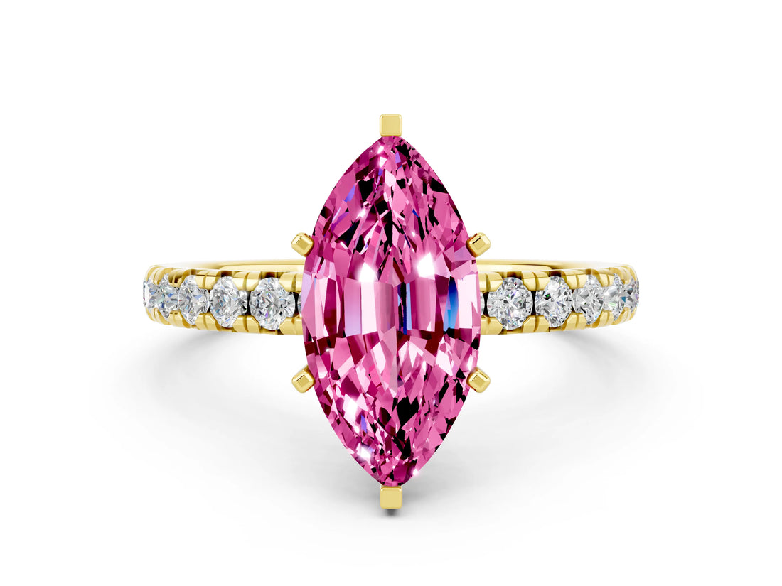 Yellow gold Marquise Cut Pink Sapphire Pavé Solitaire Ring with Round Band and Prong Setting_12