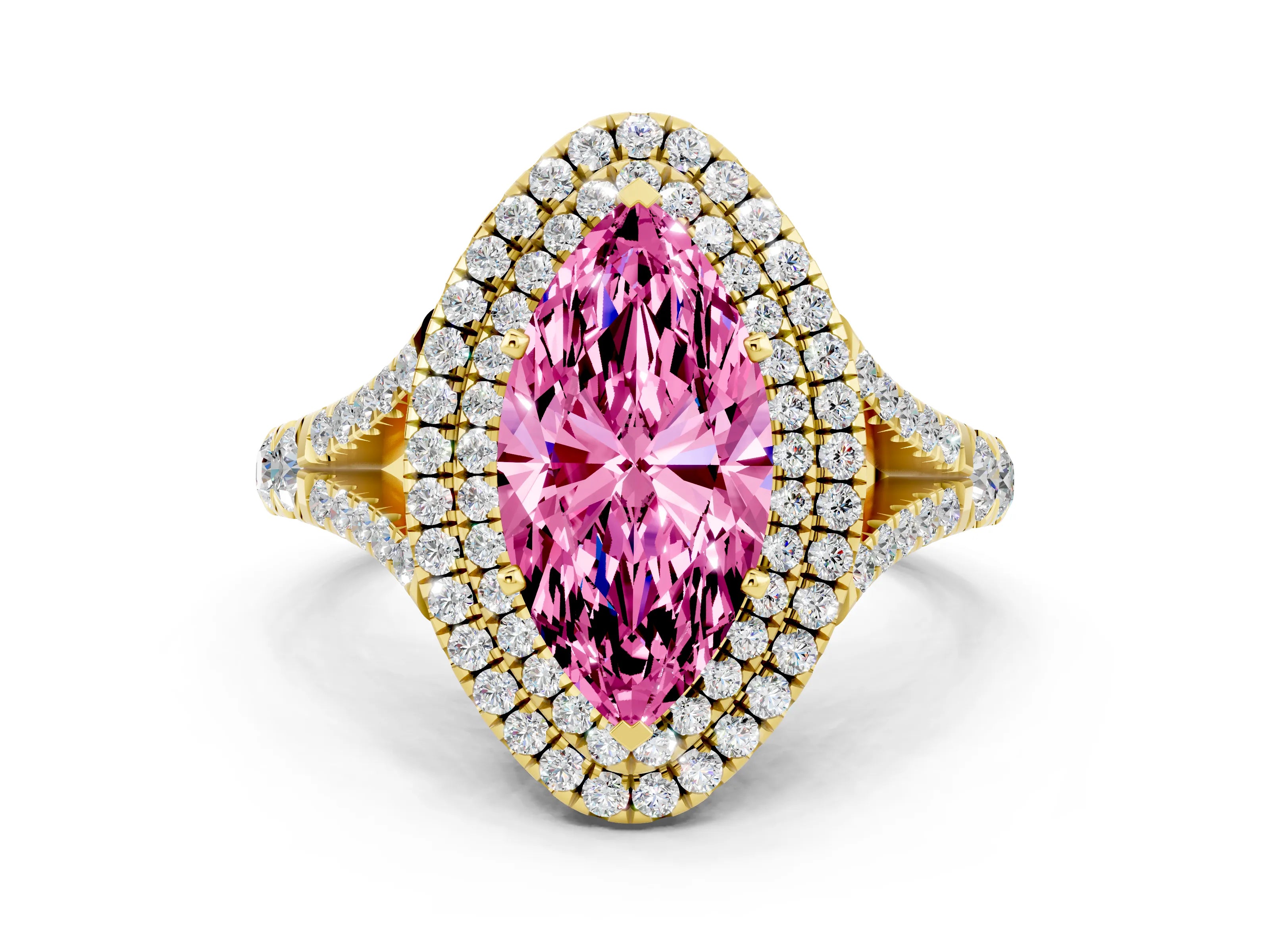 Yellow gold Marquise Cut Pink Sapphire Pavé Split Shank Double Halo Engagement Ring