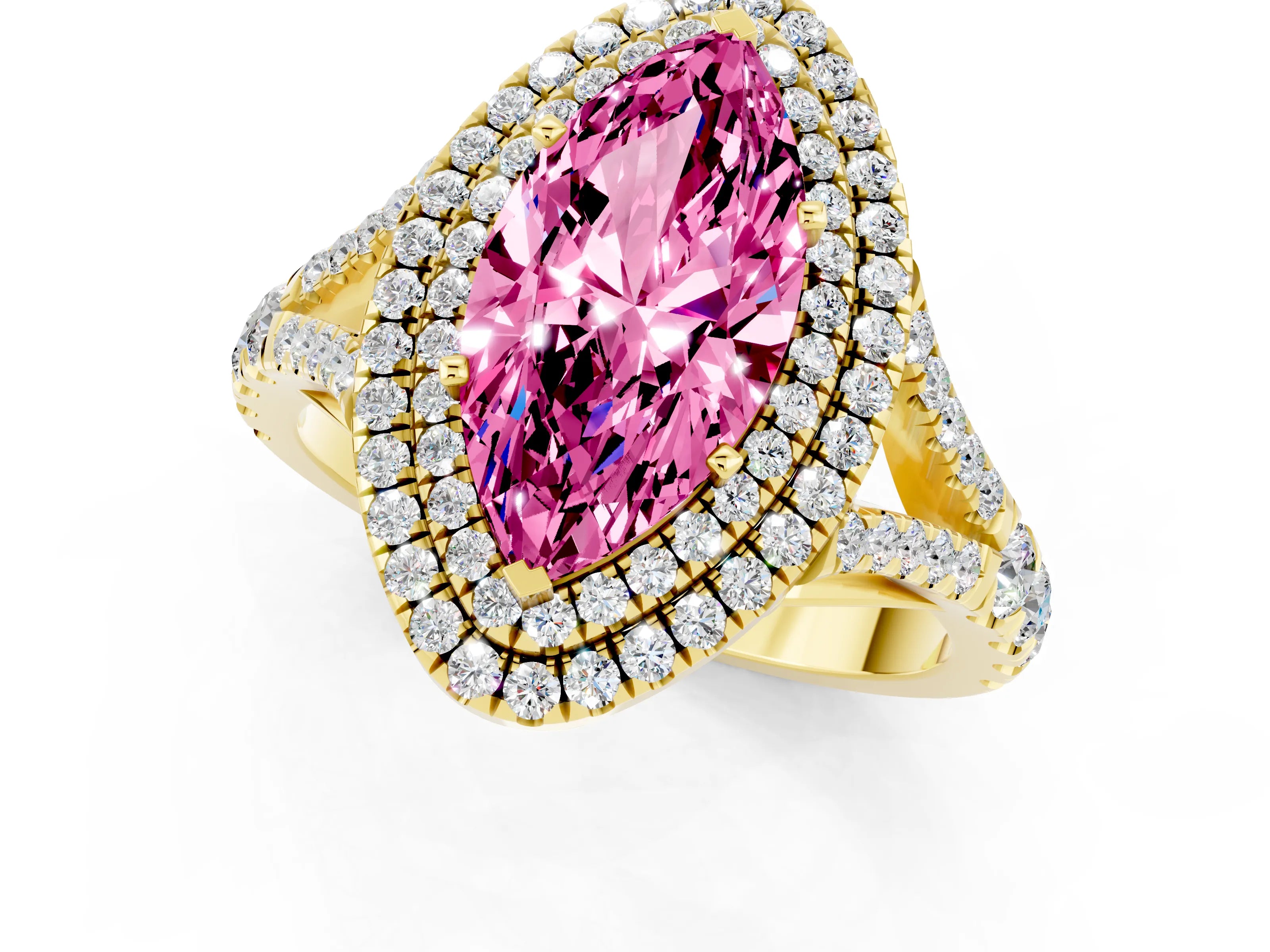 Yellow gold Marquise Cut Pink Sapphire Pavé Split Shank Double Halo Engagement Ring_1