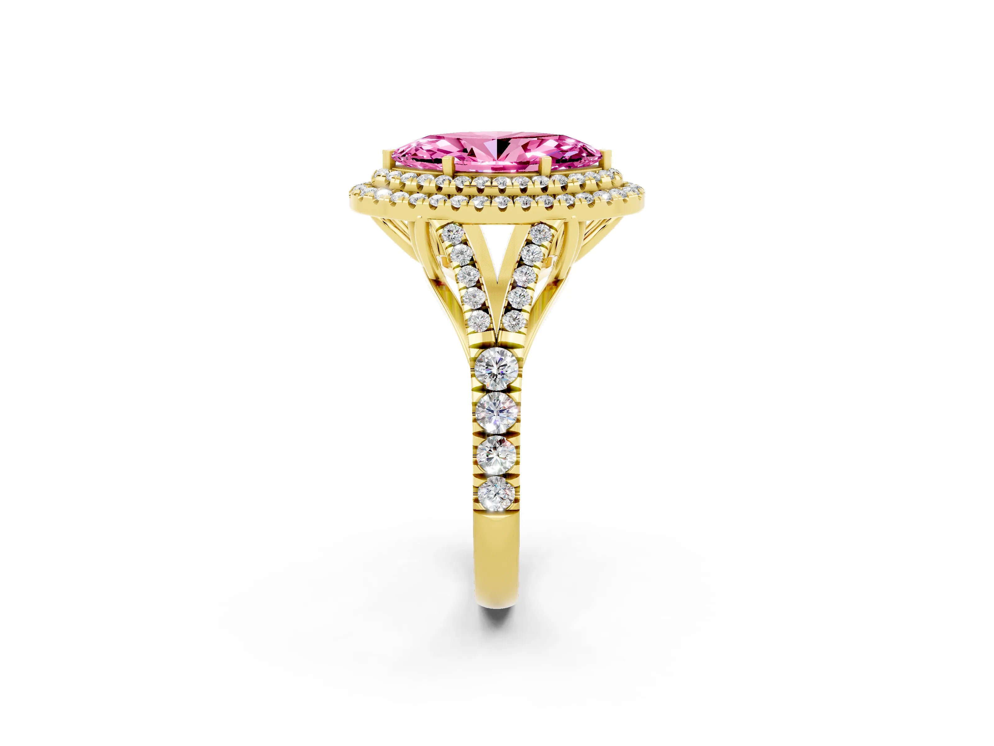 Yellow gold Marquise Cut Pink Sapphire Pavé Split Shank Double Halo Engagement Ring_2