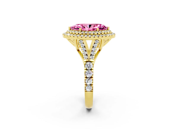 Yellow gold Marquise Cut Pink Sapphire Pavé Split Shank Double Halo Engagement Ring