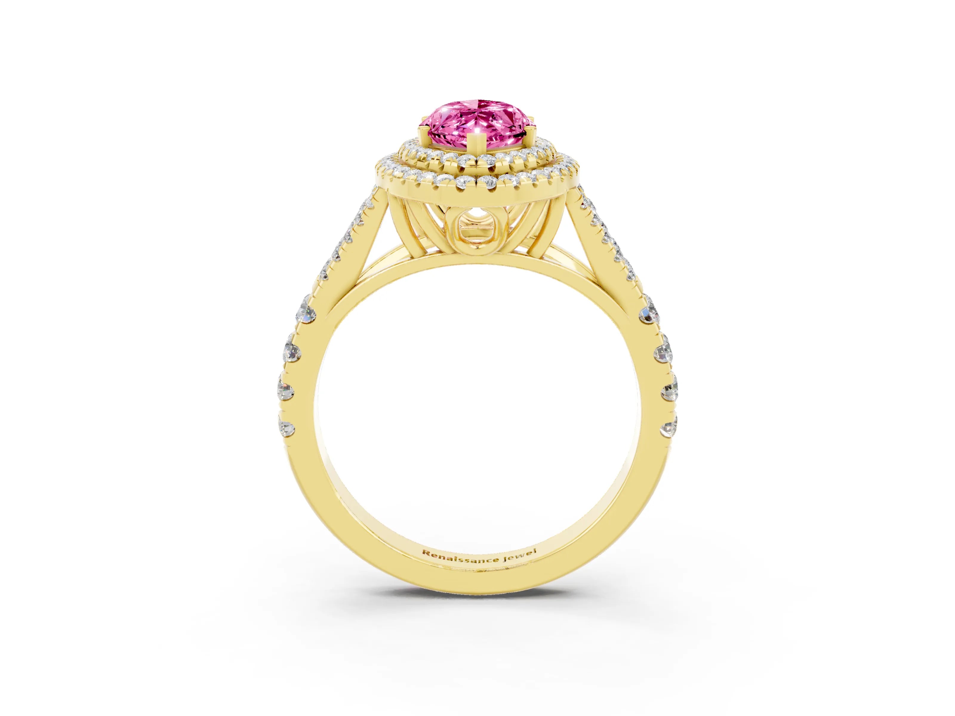 Yellow gold Marquise Cut Pink Sapphire Pavé Split Shank Double Halo Engagement Ring_3
