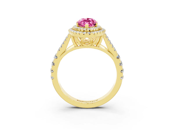 Yellow gold Marquise Cut Pink Sapphire Pavé Split Shank Double Halo Engagement Ring