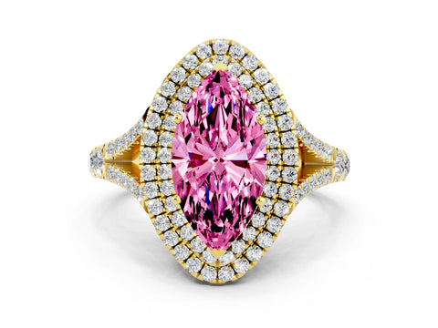 Yellow gold Marquise Cut Pink Sapphire Pavé Split Shank Double Halo Engagement Ring