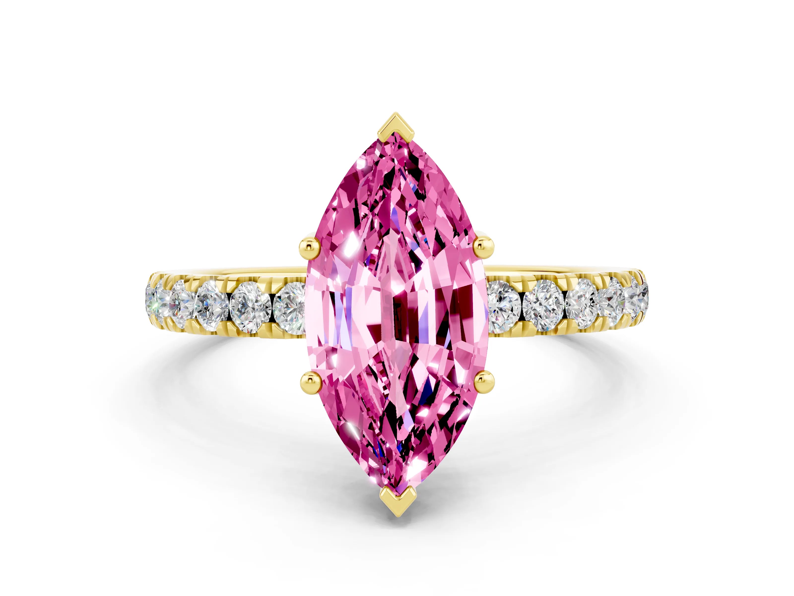 Yellow gold Marquise Cut Pink Sapphire Pave Band Solitaire Ring with Four-Prong Setting_60