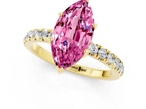 Yellow gold Marquise Cut Pink Sapphire Pave Band Solitaire Ring with Four-Prong Setting_61