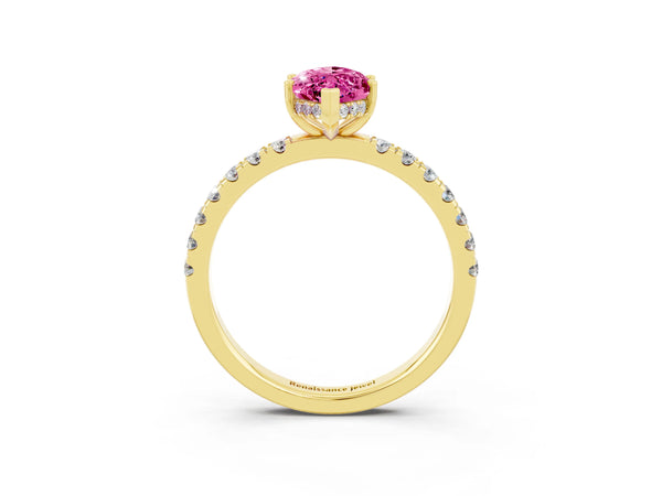 Yellow gold Marquise Cut Pink Sapphire Pave Band Solitaire Ring with Round  and Prong Setting