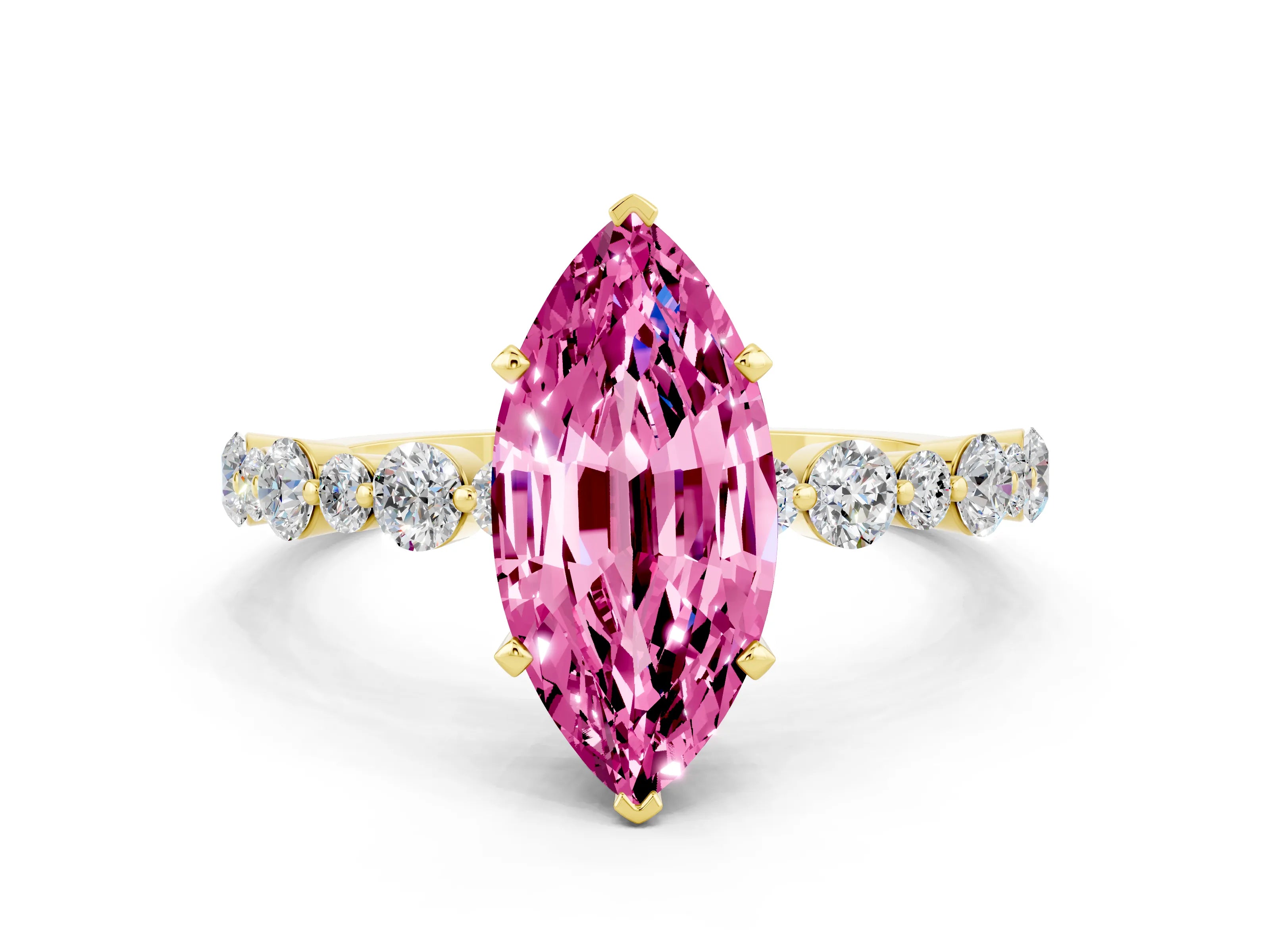 Yellow gold Marquise Cut Pink Sapphire Prong Set Engagement Ring with Pavé Band_12