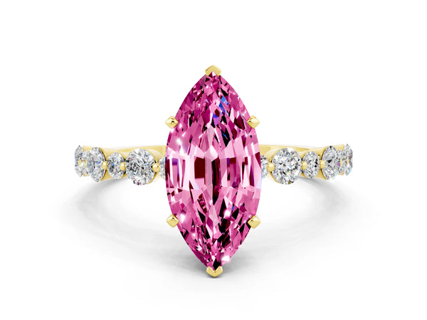 Yellow gold Marquise Cut Pink Sapphire Prong Set Engagement Ring with Pavé Band
