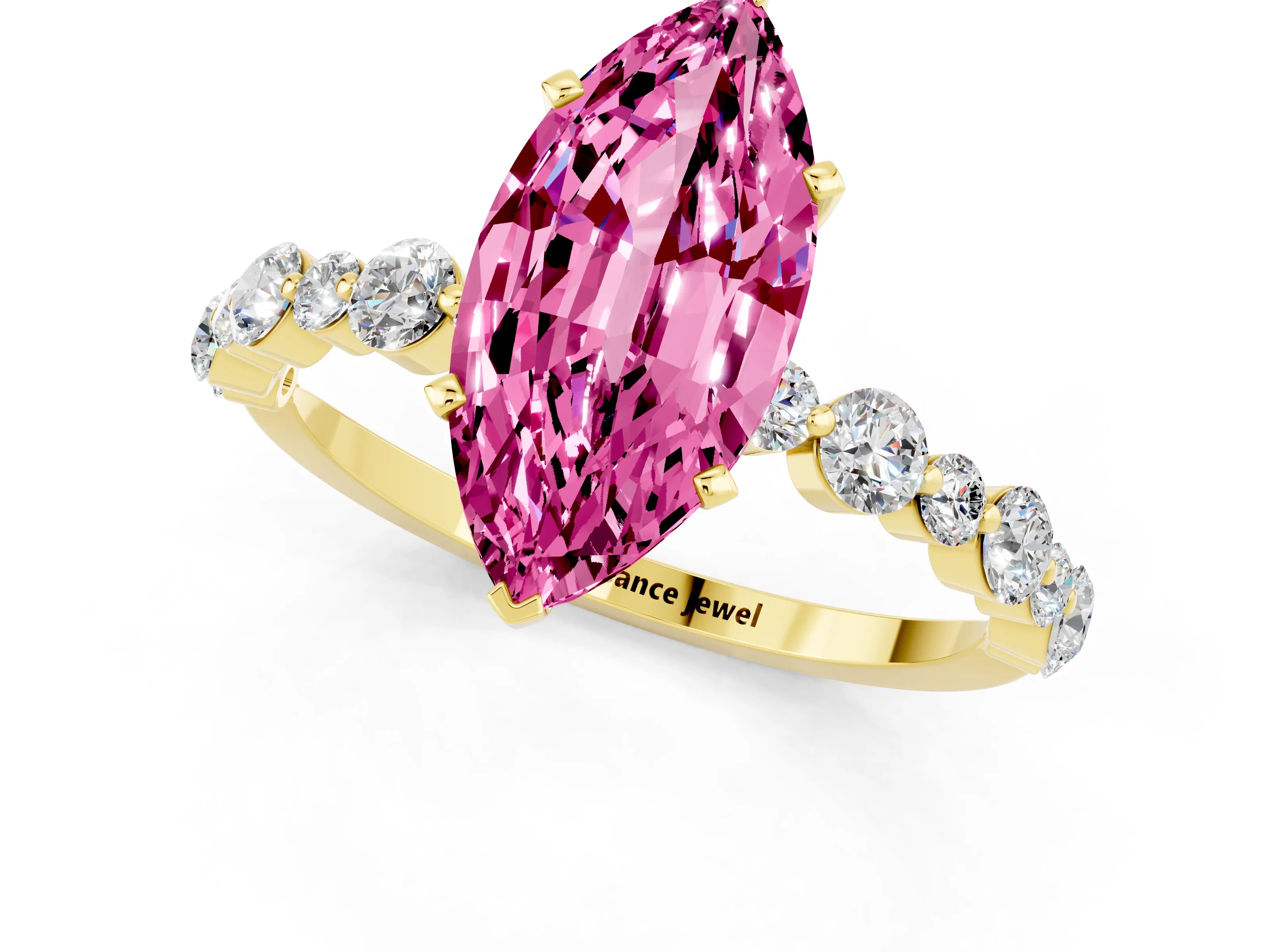 Yellow gold Marquise Cut Pink Sapphire Prong Set Engagement Ring with Pavé Band_13