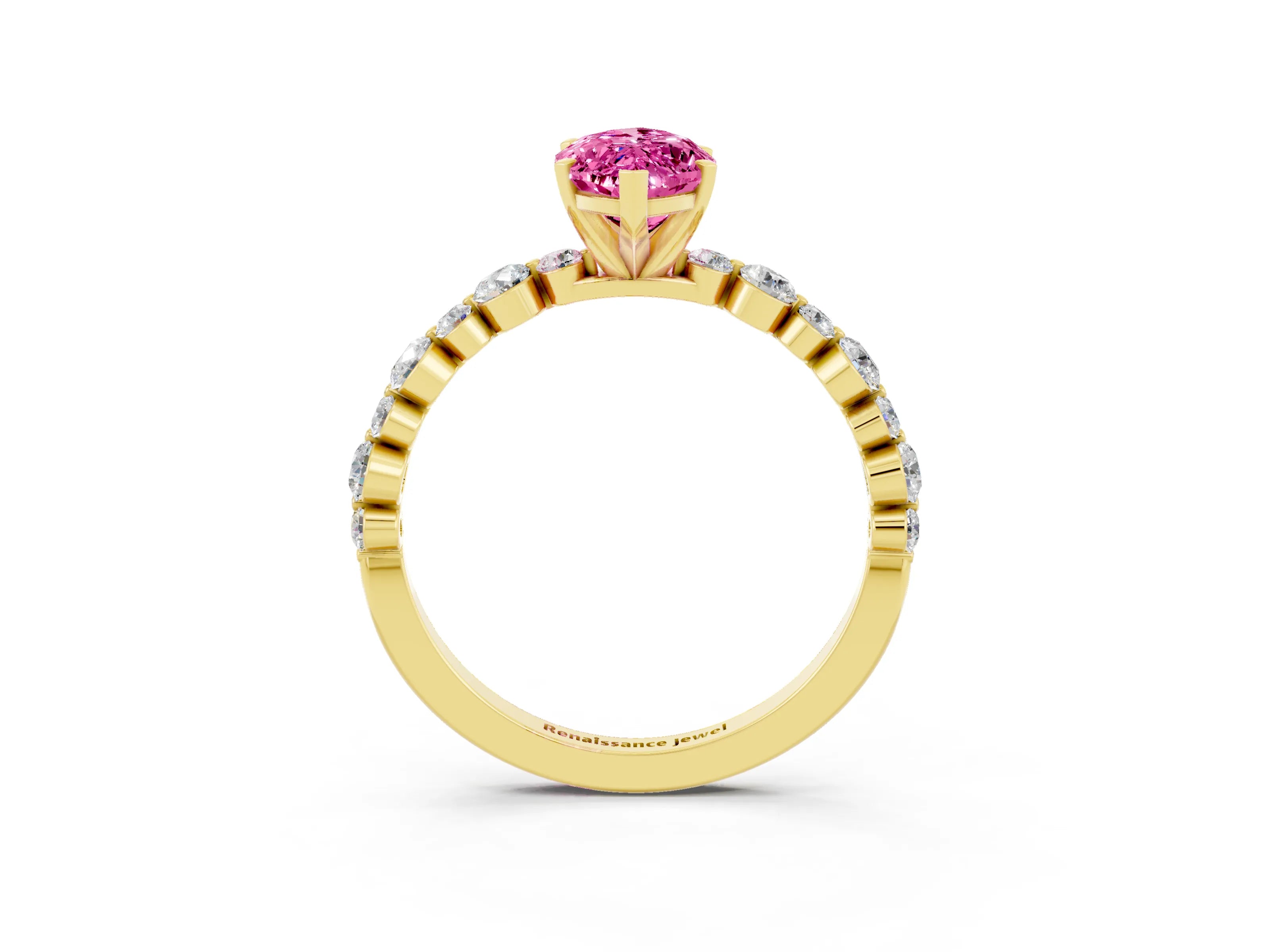 Yellow gold Marquise Cut Pink Sapphire Prong Set Engagement Ring with Pavé Band_15