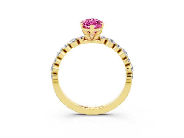 Yellow gold Marquise Cut Pink Sapphire Prong Set Engagement Ring with Pavé Band