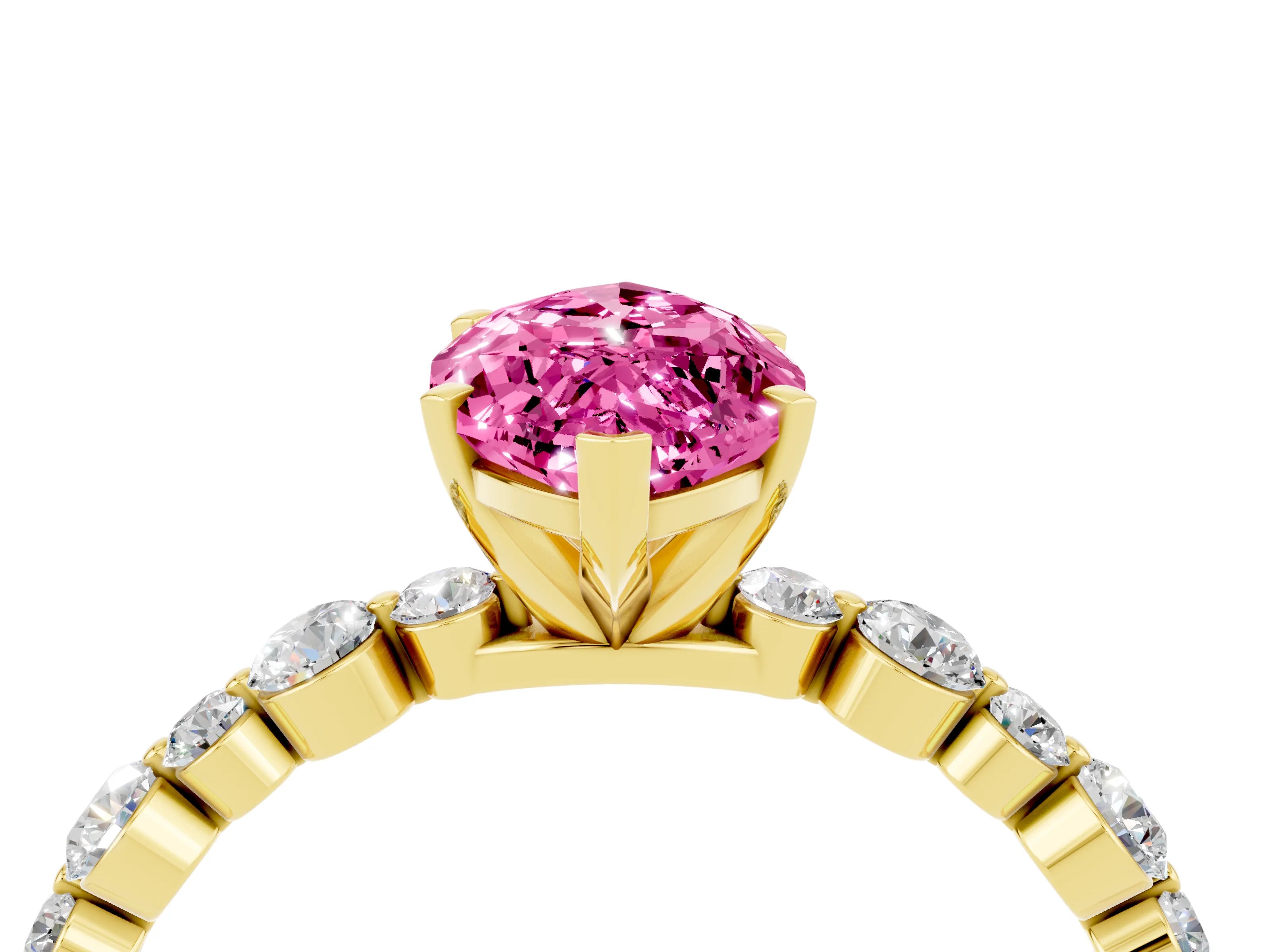 Yellow gold Marquise Cut Pink Sapphire Prong Set Engagement Ring with Pavé Band_16