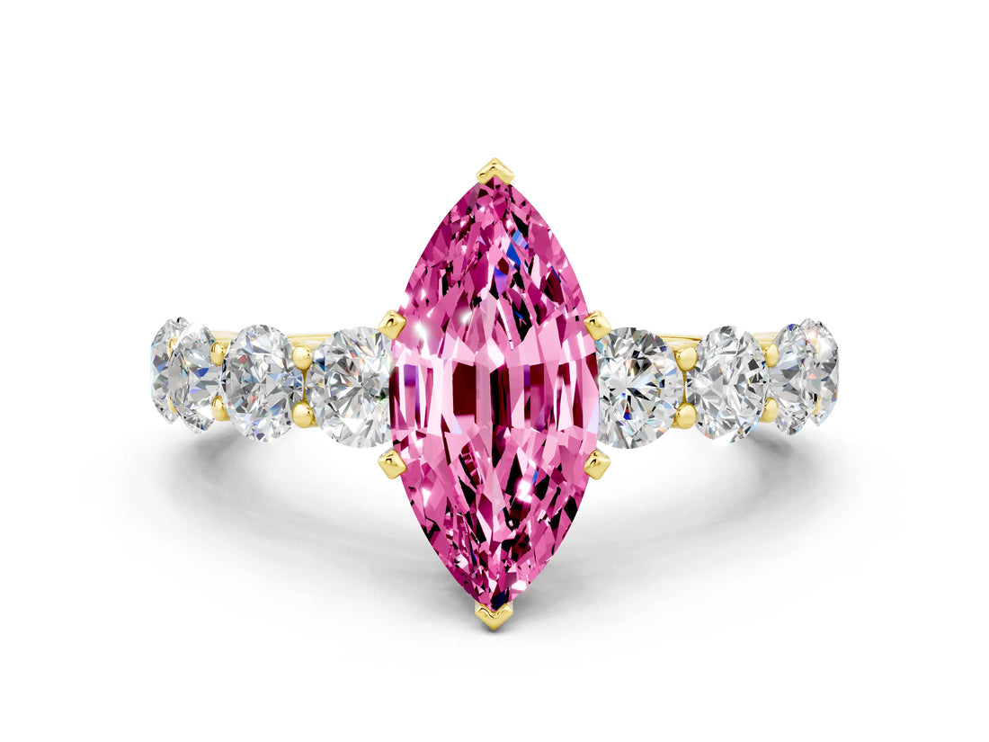 Yellow gold Marquise Cut Pink Sapphire Prong Setting with Side Stones on a Pave Band_24
