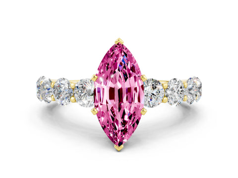Yellow gold Marquise Cut Pink Sapphire Prong Setting with Side Stones on a Pave Band_24