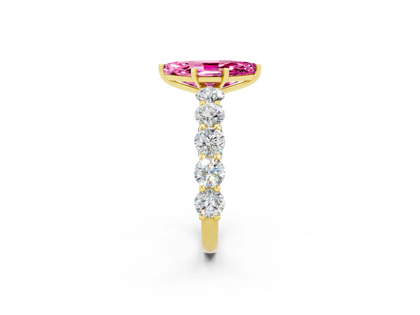 Yellow gold Marquise Cut Pink Sapphire Prong Setting with Side Stones on a Pave Band