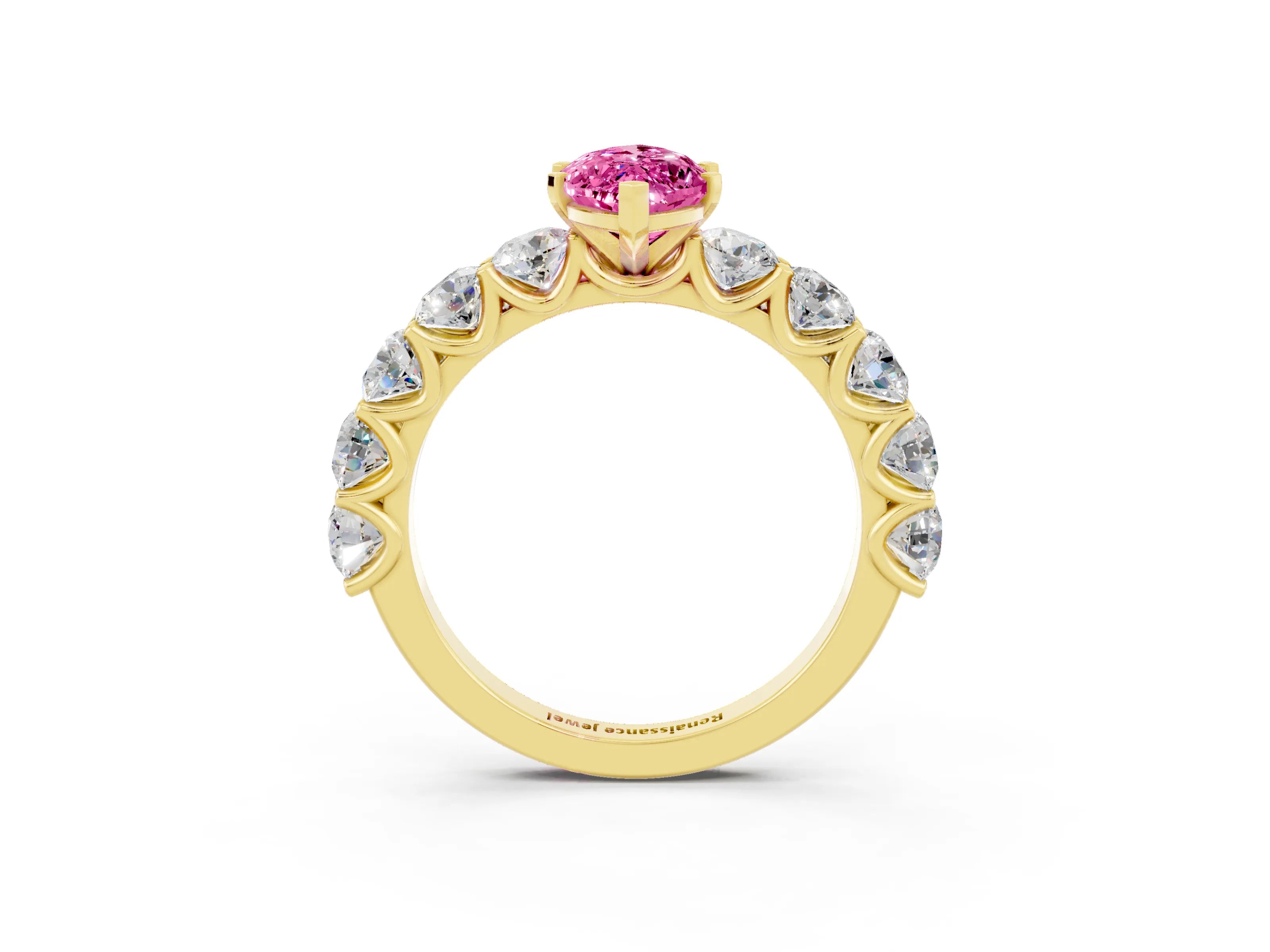 Yellow gold Marquise Cut Pink Sapphire Prong Setting with Side Stones on a Pave Band_27