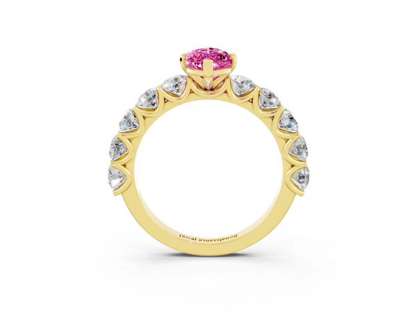 Yellow gold Marquise Cut Pink Sapphire Prong Setting with Side Stones on a Pave Band