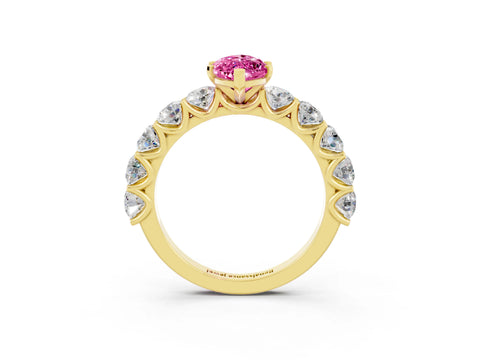 Yellow gold Marquise Cut Pink Sapphire Prong Setting with Side Stones on a Pave Band_27
