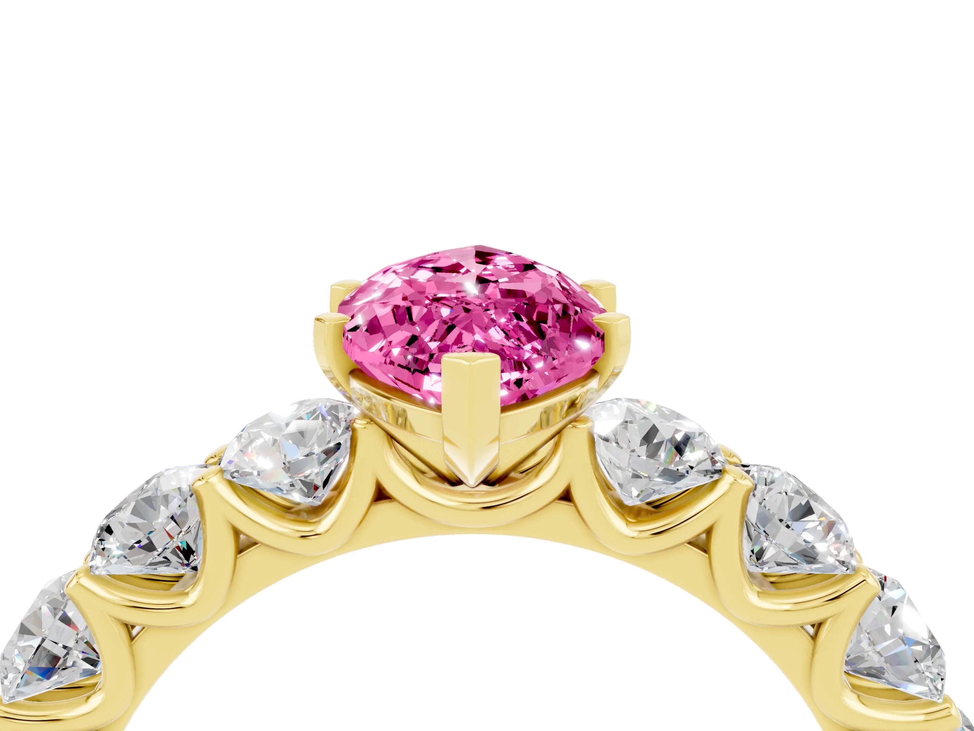 Yellow gold Marquise Cut Pink Sapphire Prong Setting with Side Stones on a Pave Band_28