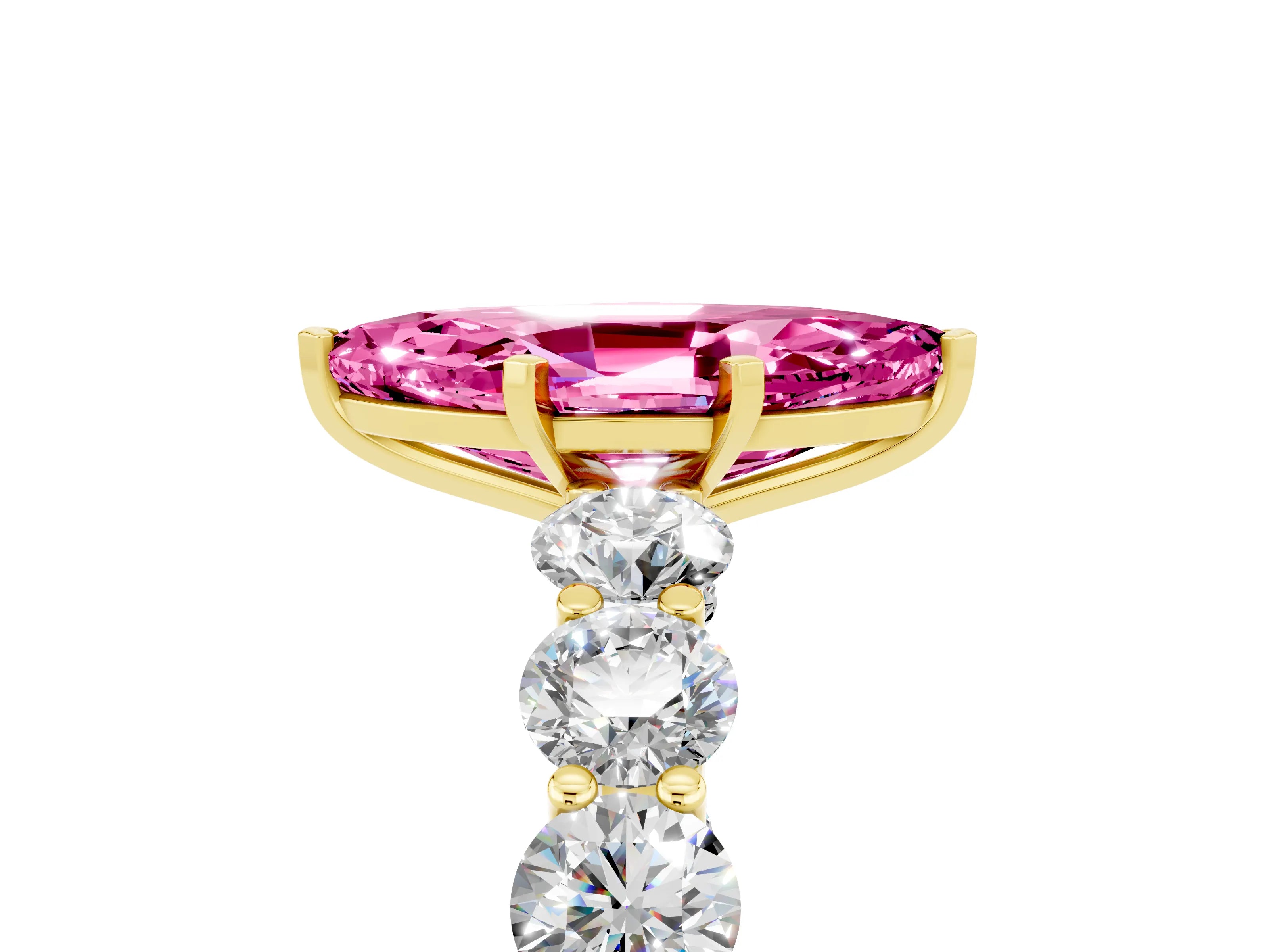 Yellow gold Marquise Cut Pink Sapphire Prong Setting with Side Stones on a Pave Band_29
