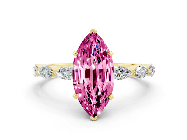 Yellow gold Marquise Cut Pink Sapphire Ring with Marquise Side Stones and Prong Setting