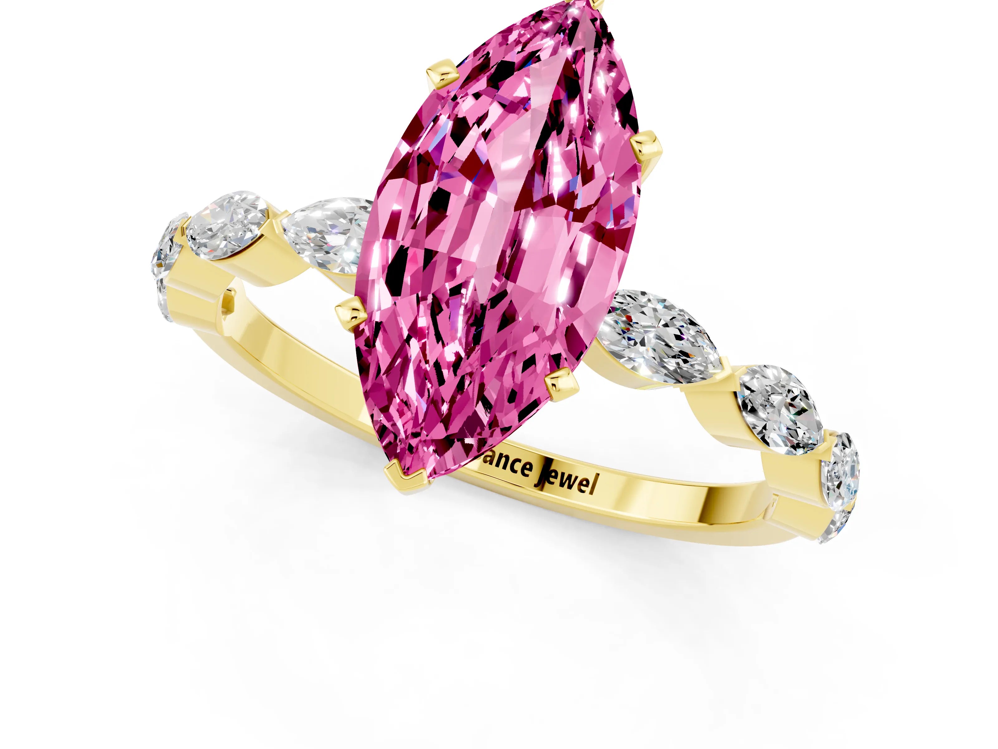Yellow gold Marquise Cut Pink Sapphire Ring with Marquise Side Stones and Prong Setting_13