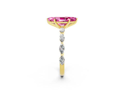 Yellow gold Marquise Cut Pink Sapphire Ring with Marquise Side Stones and Prong Setting_14