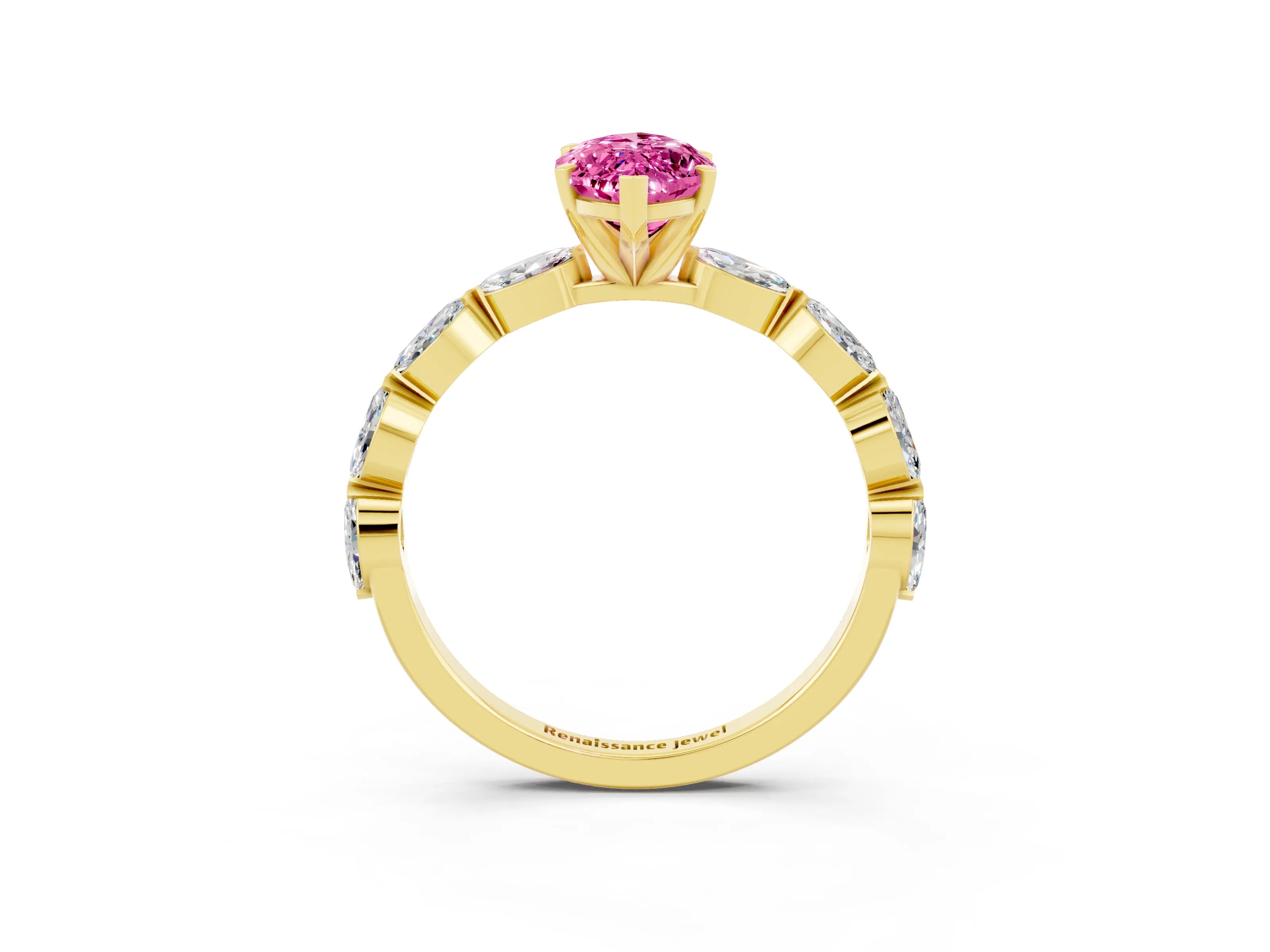 Yellow gold Marquise Cut Pink Sapphire Ring with Marquise Side Stones and Prong Setting_15