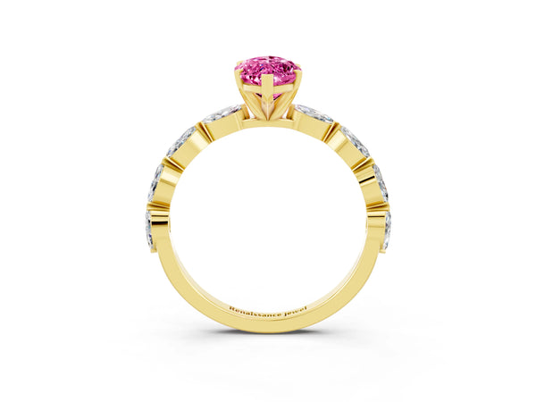 Yellow gold Marquise Cut Pink Sapphire Ring with Marquise Side Stones and Prong Setting