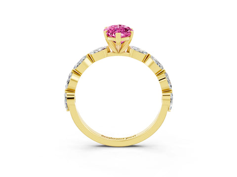 Yellow gold Marquise Cut Pink Sapphire Ring with Marquise Side Stones and Prong Setting_15