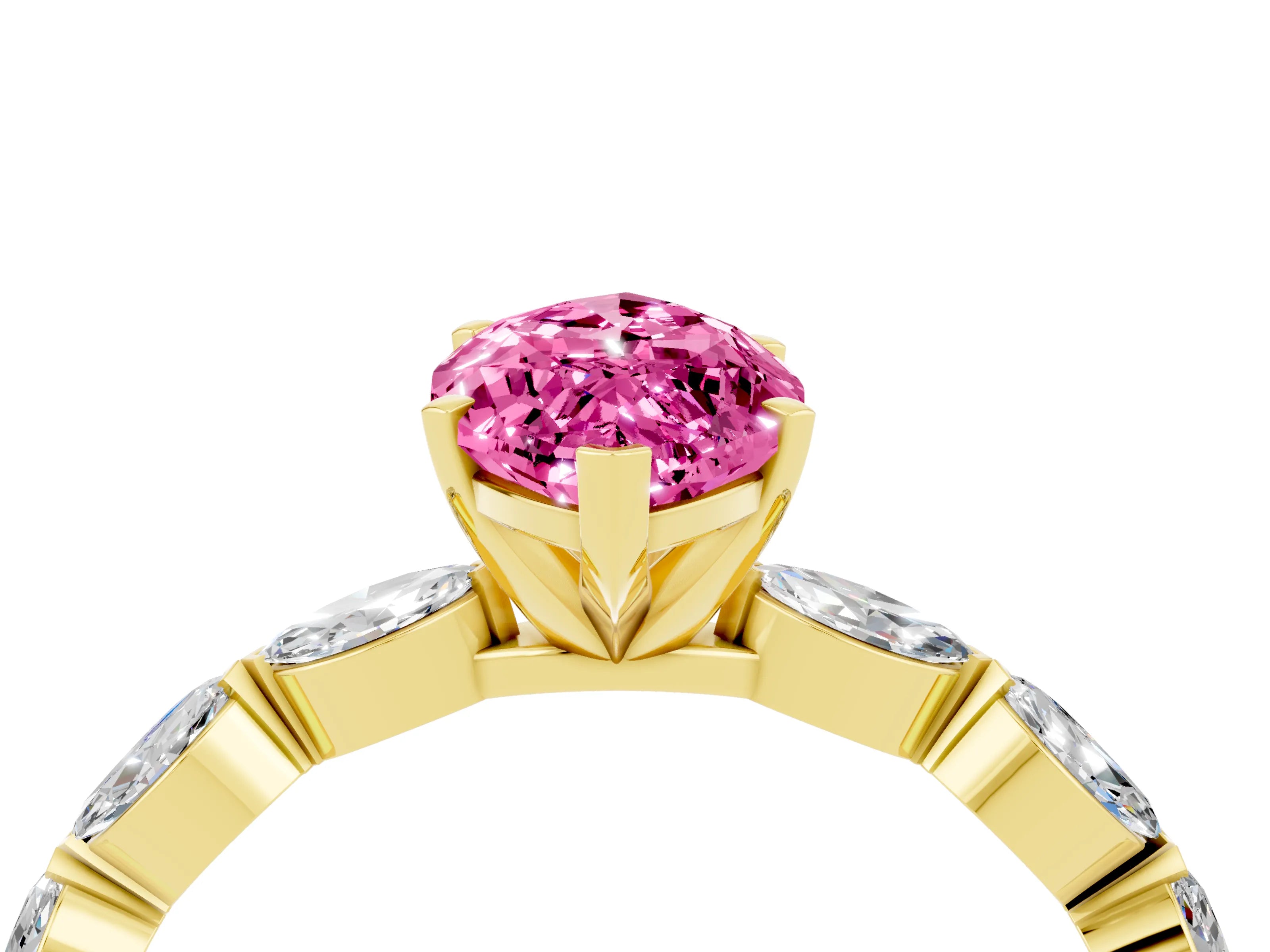 Yellow gold Marquise Cut Pink Sapphire Ring with Marquise Side Stones and Prong Setting_16