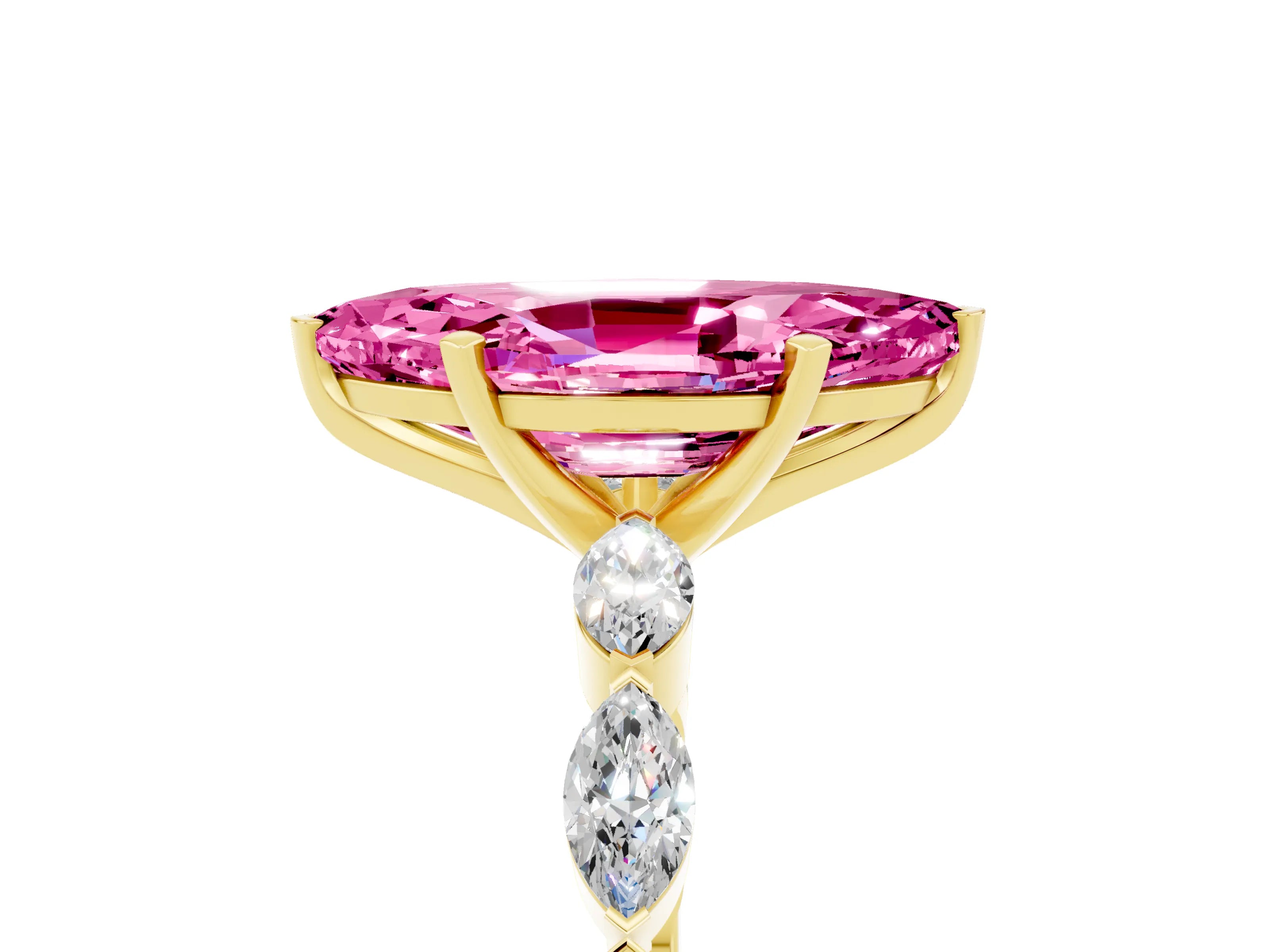 Yellow gold Marquise Cut Pink Sapphire Ring with Marquise Side Stones and Prong Setting_17