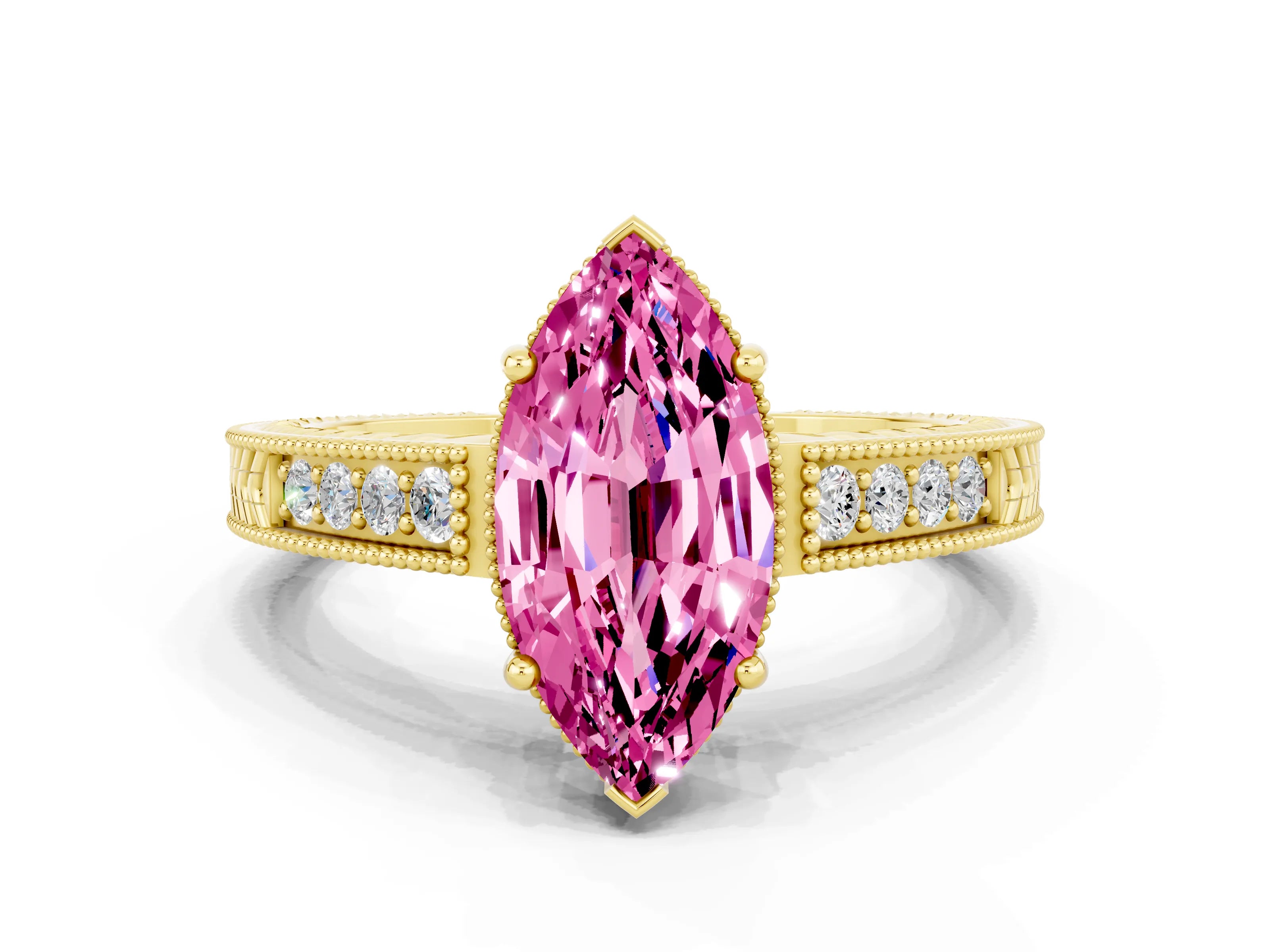 Yellow gold Marquise Cut Pink Sapphire Ring with Milgrain Pavé Band and Four-Prong Setting_36