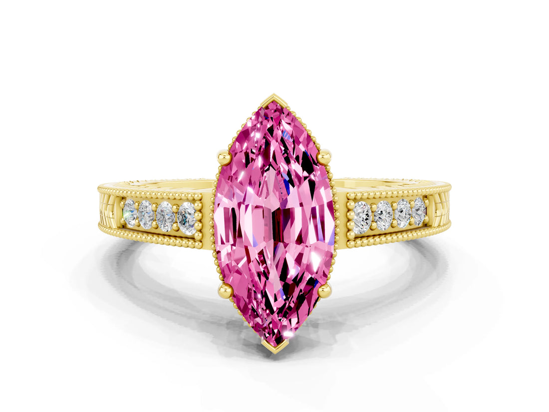 Yellow gold Marquise Cut Pink Sapphire Ring with Milgrain Pavé Band and Four-Prong Setting_36