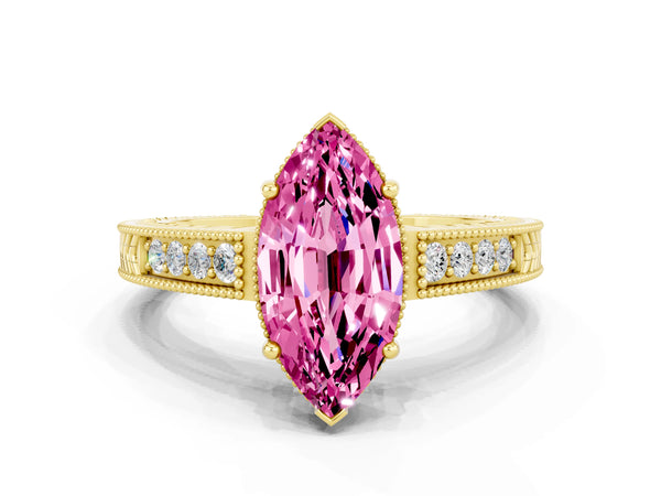 Yellow gold Marquise Cut Pink Sapphire Ring with Milgrain Pavé Band and Four-Prong Setting