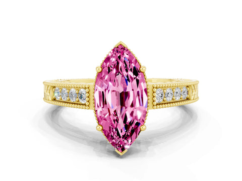 Yellow gold Marquise Cut Pink Sapphire Ring with Milgrain Pavé Band and Four-Prong Setting_36