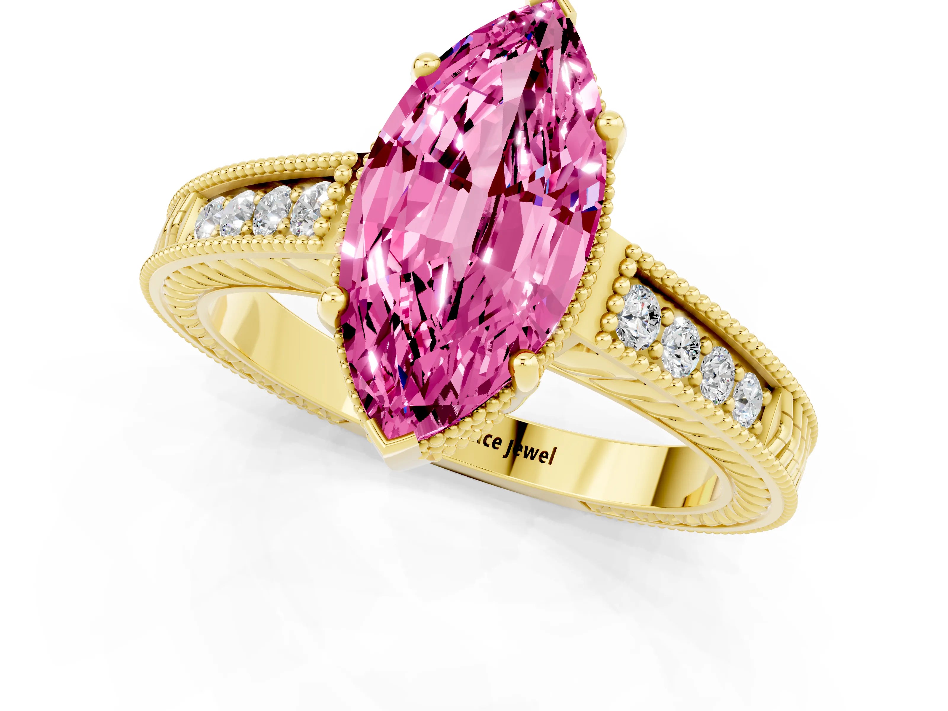 Yellow gold Marquise Cut Pink Sapphire Ring with Milgrain Pavé Band and Four-Prong Setting_37
