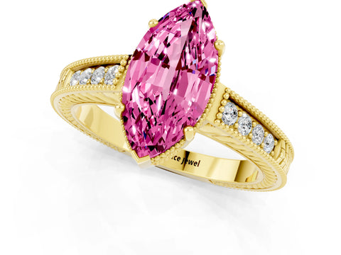 Yellow gold Marquise Cut Pink Sapphire Ring with Milgrain Pavé Band and Four-Prong Setting_37