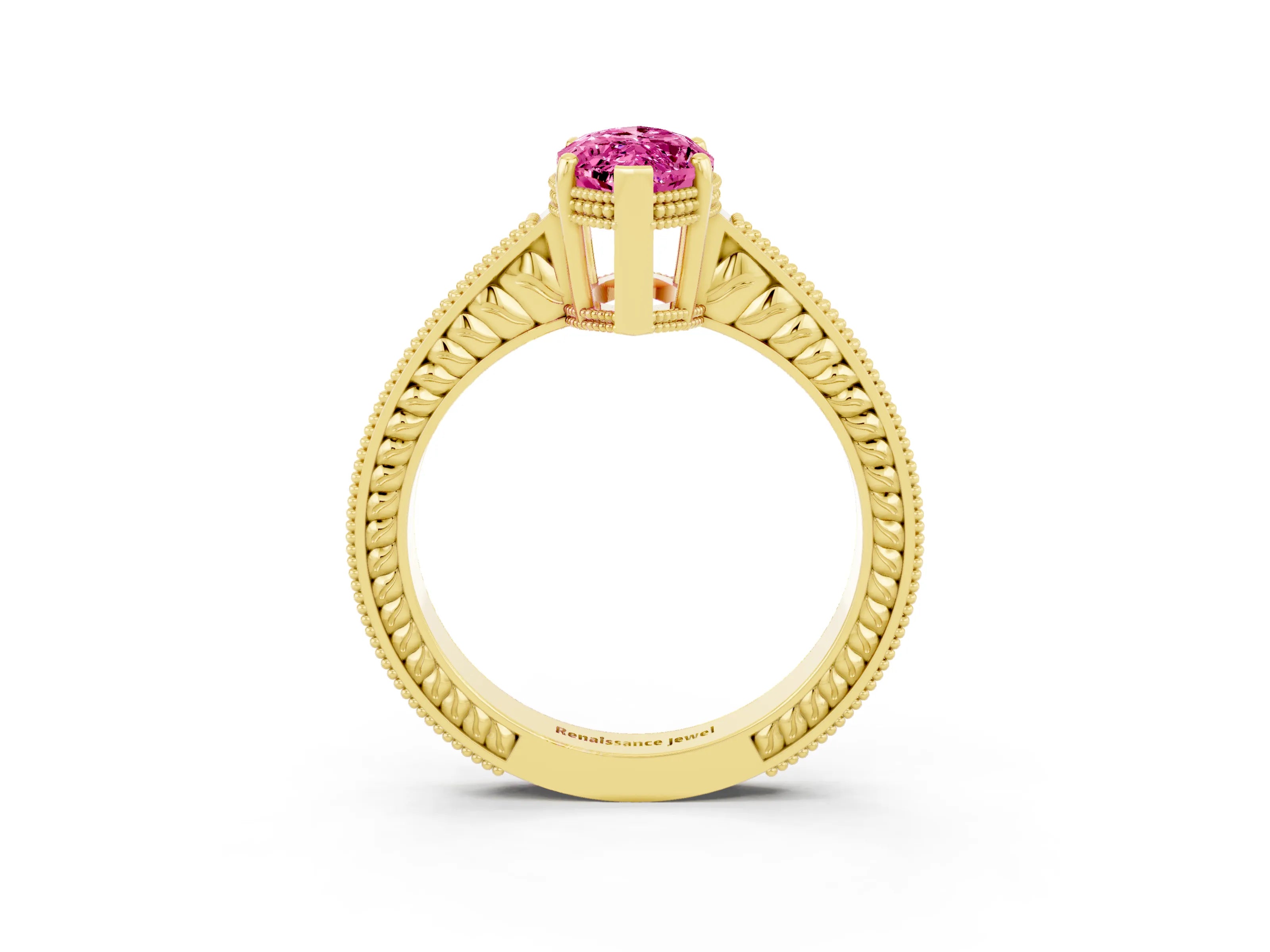 Yellow gold Marquise Cut Pink Sapphire Ring with Milgrain Pavé Band and Four-Prong Setting_39