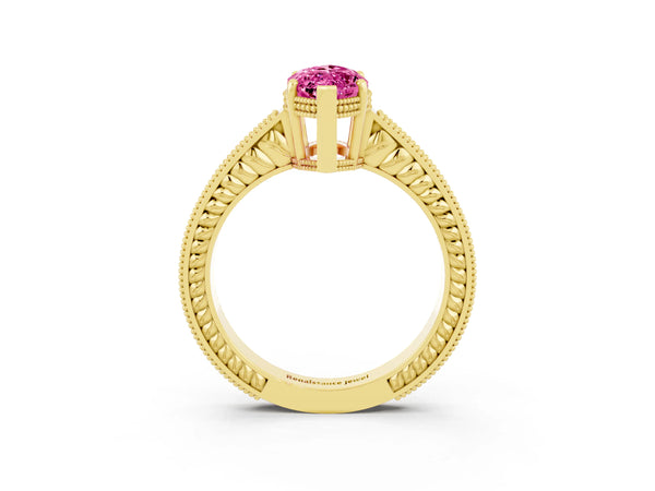 Yellow gold Marquise Cut Pink Sapphire Ring with Milgrain Pavé Band and Four-Prong Setting