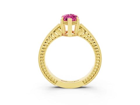 Yellow gold Marquise Cut Pink Sapphire Ring with Milgrain Pavé Band and Four-Prong Setting_39